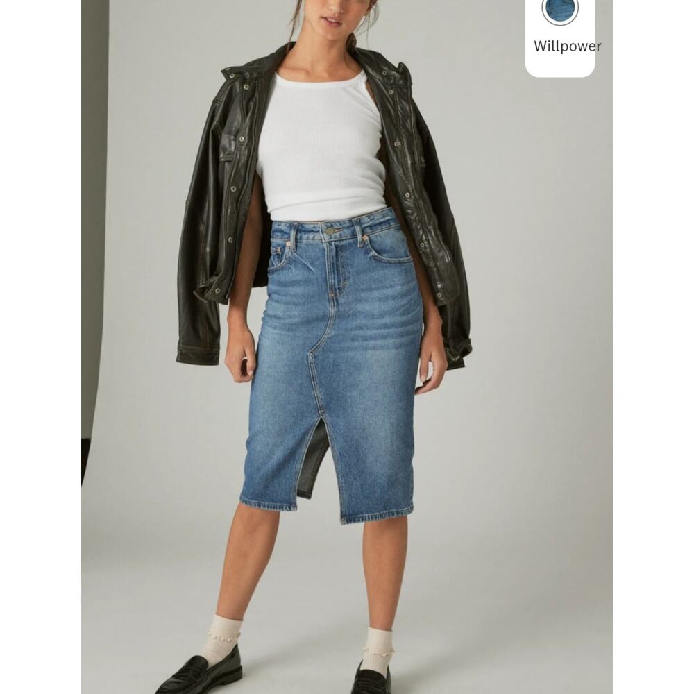 Lucky Brand Classic Pencil Denim Midi Skirt Size 26 Stretch Split Front/ Back - Picture 2 of 10